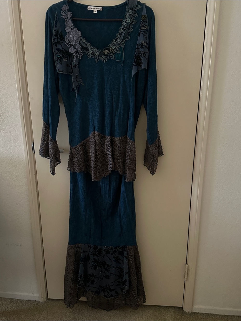 Bohemian Teal Maxi Dress with Brown Crochet Accents